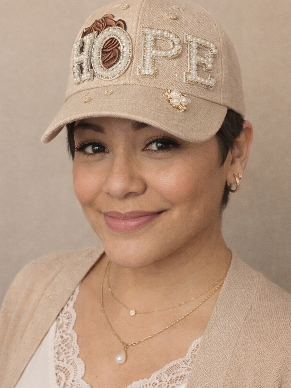 Pearl “HOPE” Embellished Beige Ball Cap